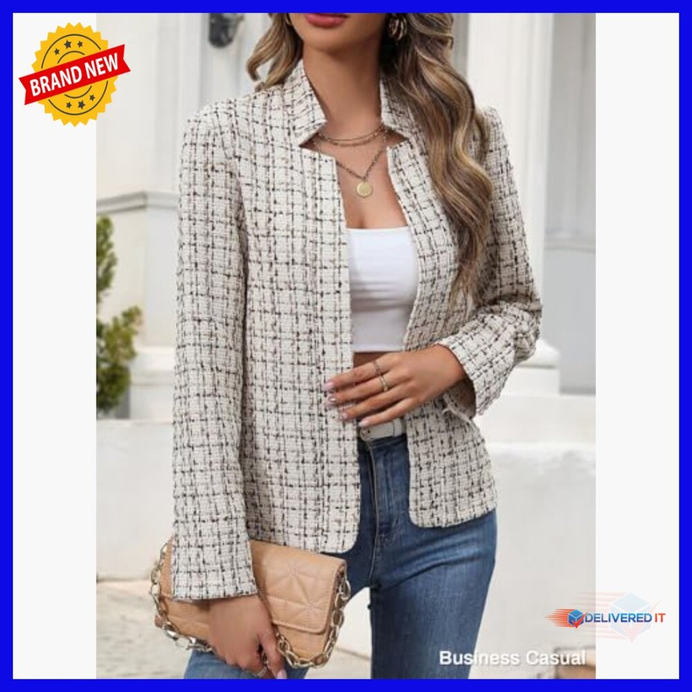 Lightweight Tweed Blazer Open Front Notch Collar Office Work Casual - Picture 2 of 7